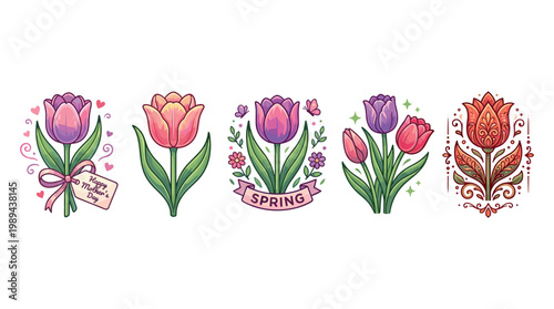 Five colorful stylized tulip flower illustrations for spring, Mother's Day, and decorative floral designs, showcasing a vibrant array of artistic styles and festive themes.