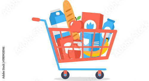 A shopping cart filled with various grocery items