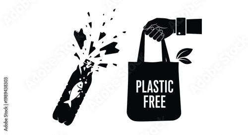 A hand holds a tote bag while a bottle breaks into pieces