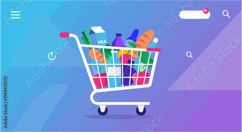 A shopping cart filled with colorful items on a blue and purple background