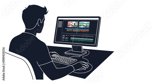 Man editing video footage on a computer with professional software