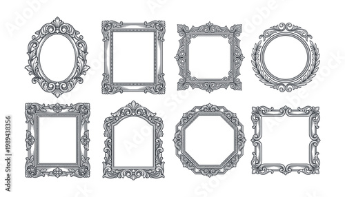 Ornate vintage ornamental frames collection set isolated on transparent background ornate carving decorative elements vector.