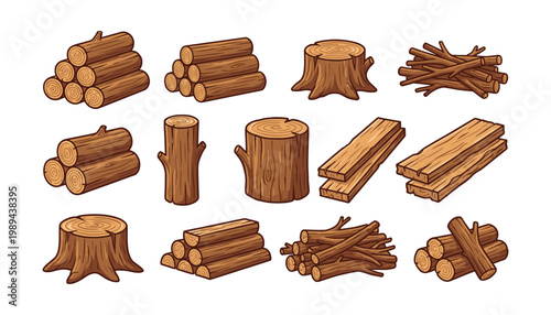 Wood materials set including logs planks stumps branches and firewood piles for rustic rural and outdoor themes vector.