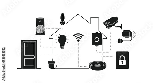 Connected home illustration showcasing various smart devices and security systems