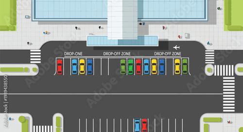 Aerial view of a colorful parking lot and airport drop off zone