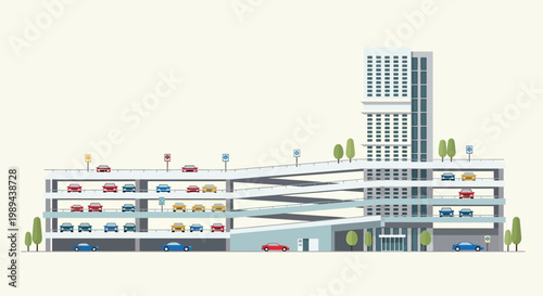 Illustration of a multi level parking garage with cars and a cityscape