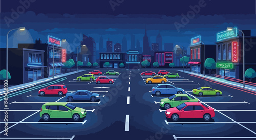 A brightly lit nearly empty parking lot at night with a city skyline