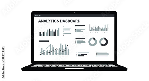 A laptop displaying an analytics dashboard with various charts and graphs