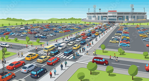A bustling illustration depicts traffic heading towards a large stadium