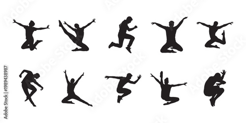 Dynamic jumping human poses silhouettes. Set of diverse jumping actions perfect for achievement, fitness, and celebratory themed graphics.