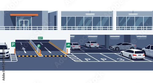 Illustration of a modern indoor parking garage with several parked cars