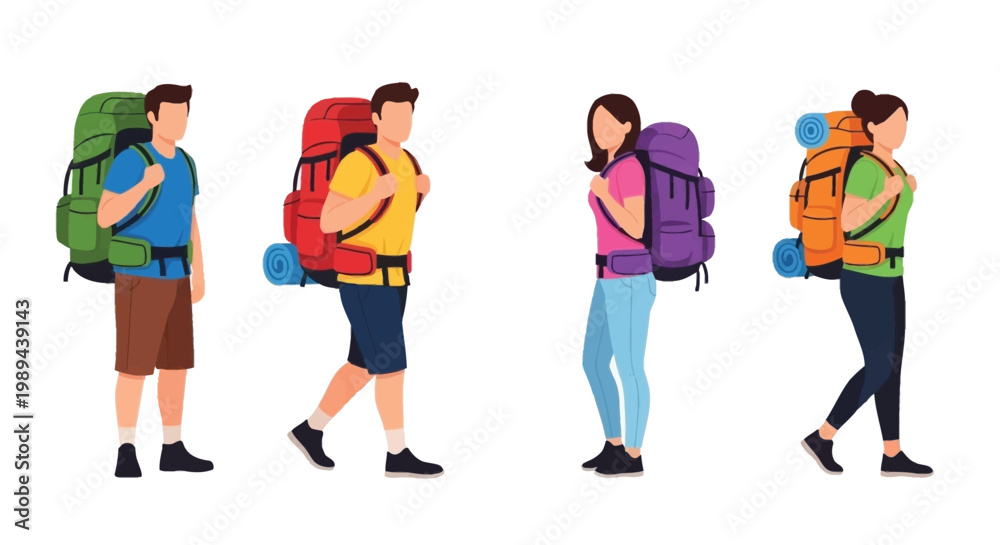 Fototapeta premium Four hikers walking in a line with colorful backpacks and travel gear