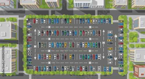 Overhead view of a full parking lot surrounded by buildings