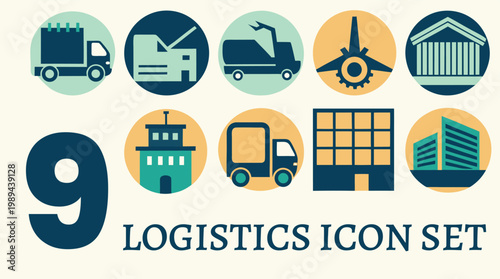 Logistics and supply chain flat vintage icon set for shipping, warehouse, delivery, transport, and business dashboard UI and infographic design
