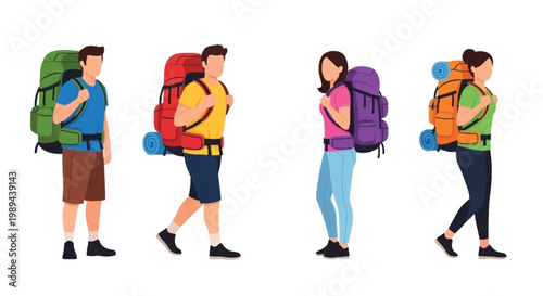 Four hikers walking in a line with colorful backpacks and travel gear