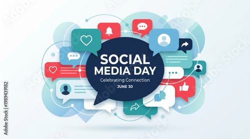 Digital communication celebration design with colorful chat icons and notification symbols highlighting online connection engagement trends and global networking awareness concept