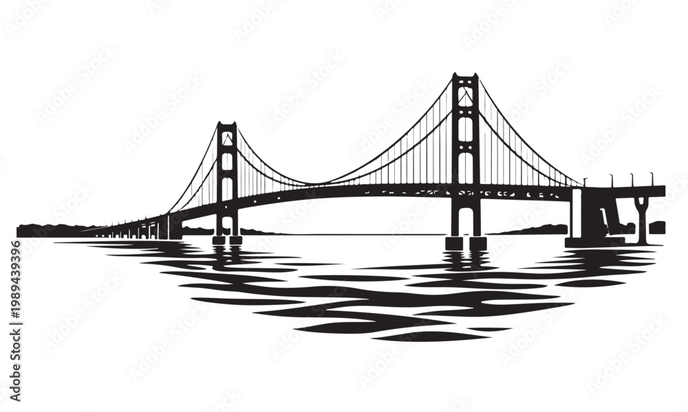 Fototapeta premium Mackinac Bridge Silhouette, Silhouette Vector, Isolated on White Background