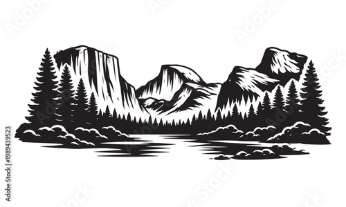 Bild auf Leinwand Yosemite Valley Silhouette, Silhouette Vector, Isolated on White Background