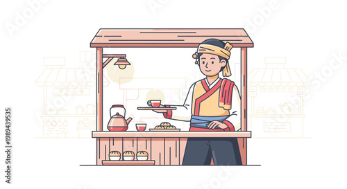 Illustration of a vendor preparing food at a street food stall with a kettle and cups.