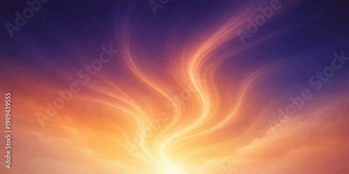 A dramatic abstract cloudscape captures the burning heat of a red and orange sun as fire-like flames of light smoke through the blue sky at a beautiful nature sunrise