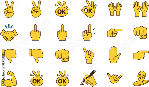 Set of hand gesture icons including peace sign ok symbol thumbs up down pointing handshake fist and signals colorful flat vector collection