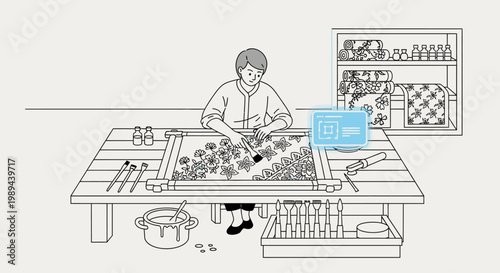 Line drawing of a man assembling or repairing a complex machine on a large worktable with various tools and parts.
