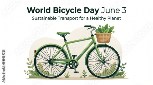 Eco friendly transport concept with green bicycle and plant basket highlighting sustainable lifestyle environmental awareness and clean urban mobility promotion design