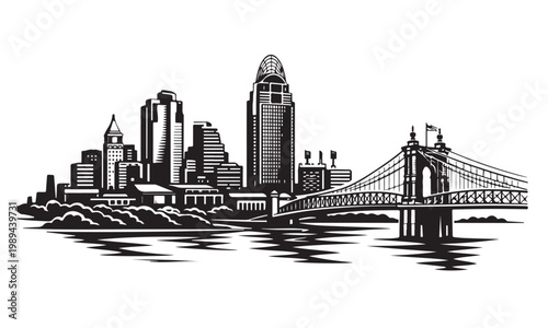 Photos Cincinnati Skyline Silhouette, Silhouette Vector, Isolated on White Background