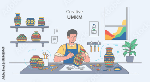 Illustration of a man crafting colorful pottery in a studio with various ceramic pieces and tools on a table.