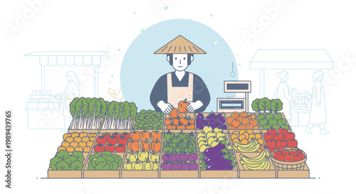 Illustration of a vendor standing behind a vibrant fruit and vegetable stand with a traditional Asian conical hat on a clean white background with blue outlines.
