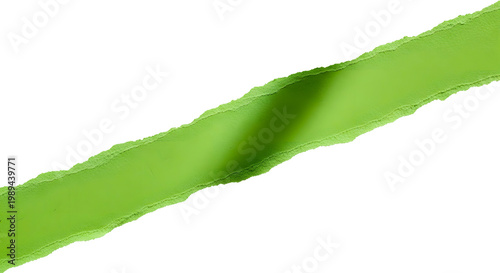 Realistic bright green torn paper strip with rough edges and soft shadow over a transparent background, creative craft or design element for banners, posters, and collages