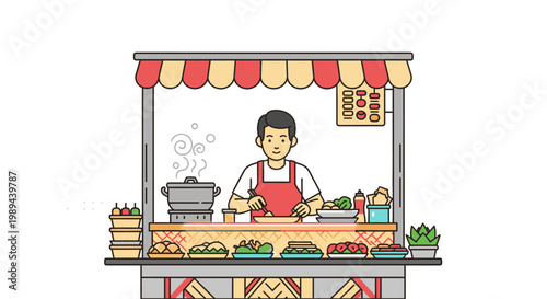 Illustration of a man preparing food at a colorful street food cart with various dishes and condiments on display.