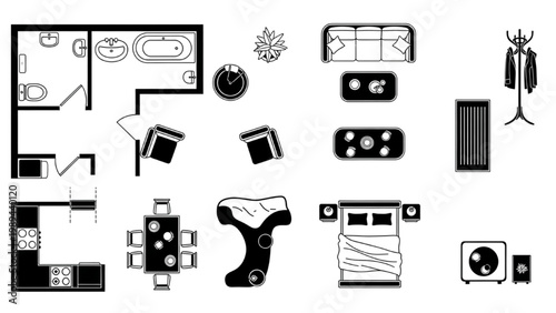 Various 2D AutoCAD icons display furniture and interior design elements