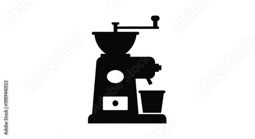 A stark black coffee grinder stands prominently a bold graphic silhouette