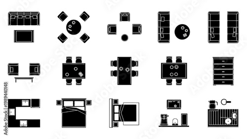 Set of 2D AutoCAD icons for various technical drawings and blueprints
