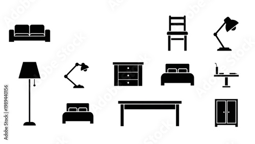 Various 2D AutoCAD icons of furniture and lamps are shown