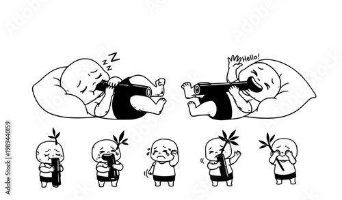 Extra cute pandas with big sparkling eyes, blush cheeks, tiny smiles. Pastel accents, sticker-like look.