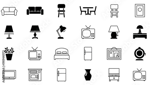 Various 2D AutoCAD icons of furniture and household items are displayed