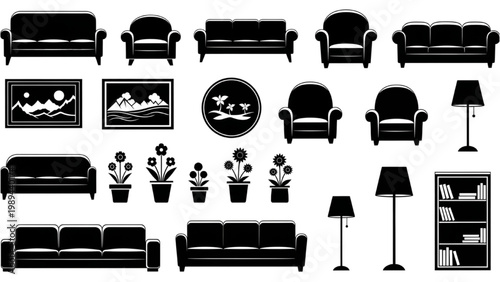 Various 2D AutoCAD icons of furniture and decor in a room setting