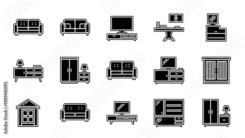 Various 2D AutoCAD icons of furniture and office equipment displayed