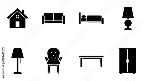 Collection of 2D AutoCAD icons depicting common furniture and household items