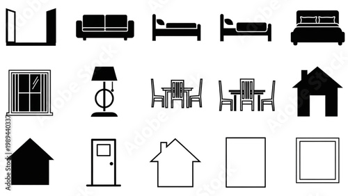 Collection of 2D AutoCAD icons for furniture and household objects