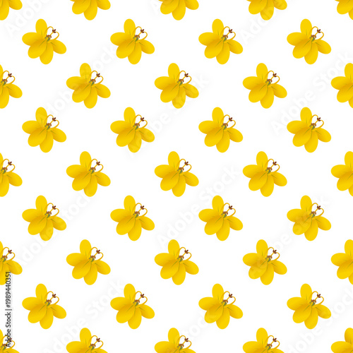 Pattern of yellow Cassia fistula flowers with bees isolated on transparent background