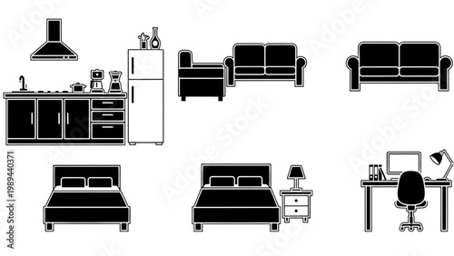 Interior design with 2D AutoCAD icons of furniture and appliances