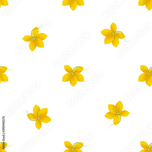 A repeating pattern of bright yellow Cassia fistula flowers isolated on a transparent background