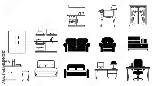 Collection of 2D AutoCAD icons for furniture and household items