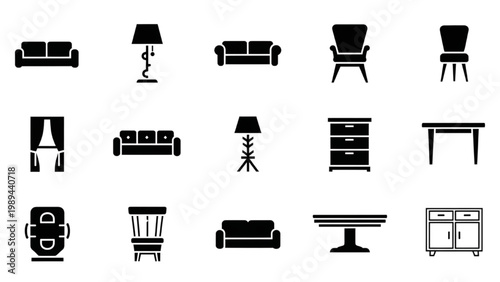 Collection of 2D AutoCAD icons for furniture and household items on a white background