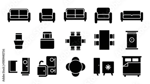 Collection of 2D AutoCAD icons for furniture and household items on white