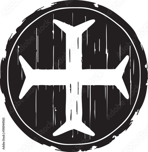 Distressed black and white circular heraldic emblem featuring a bold white maltese cross with a weathered texture effect isolated on a white background for design
