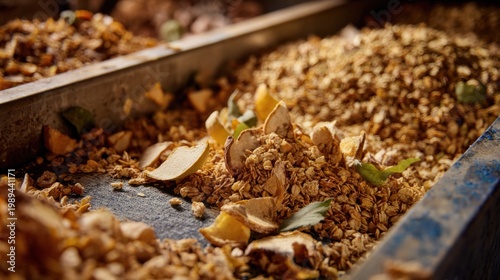 Close-animated movie view of organic granola mix with oats nuts and dried fruits in a production setting